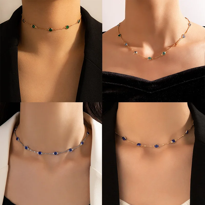 New jewelry fashion trend simple green rhinestone women's short single-layer necklace clavicle chain