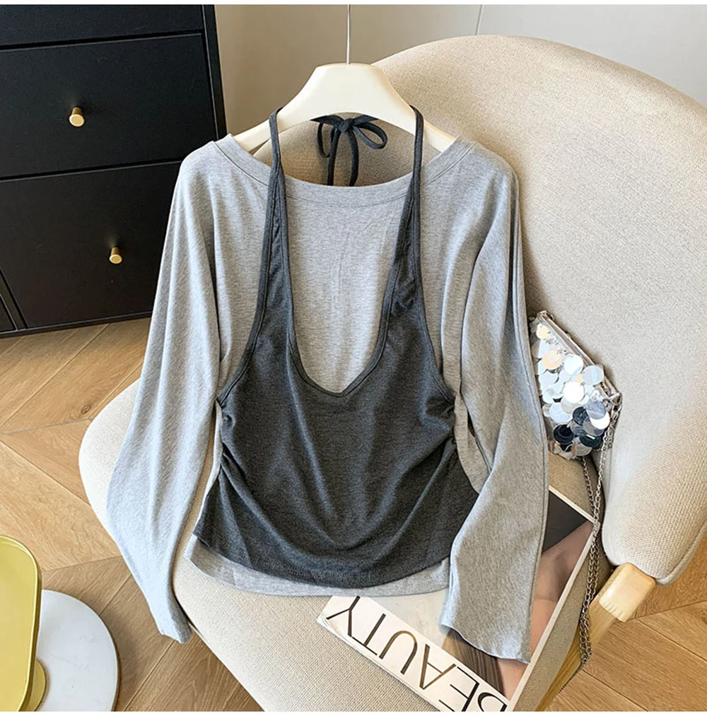 Fake 2piece Halter Neck T-Shirt Women's 2025 New Autumn Korean Style Wrinkled Waist Slim Fit Pullover Long Sleeve Trendy Tops