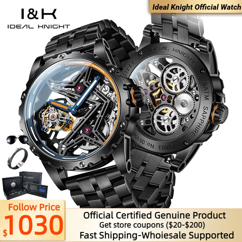 

IDEAL KNIGHT 6803 Hollow Skeleton Original Mechanical Watch for Men Tourbillon Automatic Wristwatch Deep Waterproof Man Watches