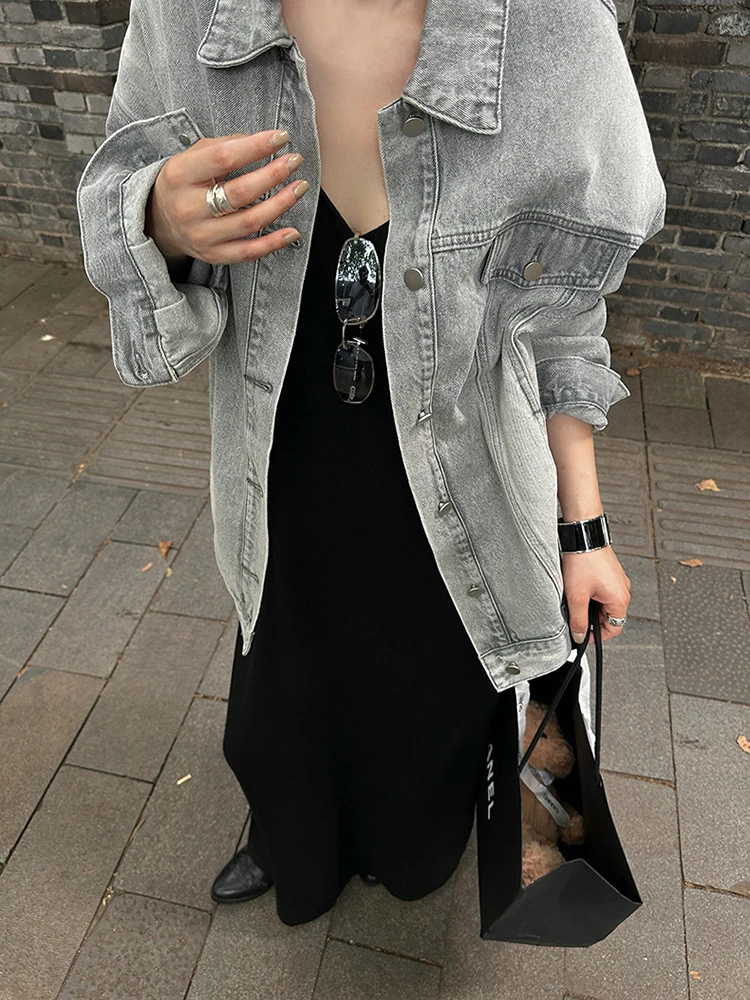 FANAN Vintage lavé Denim vestes pour femmes revers simple boutonnage à manches longues mode Streetwear manteaux femme 2025 automne nouveau