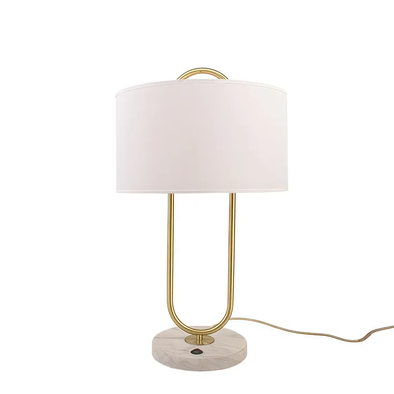 Modern Minimalist Table Lamp E26 Socket Champagne Gold Wrought Iron Frame Marble Base Drum Linen Shade Bedside Light for