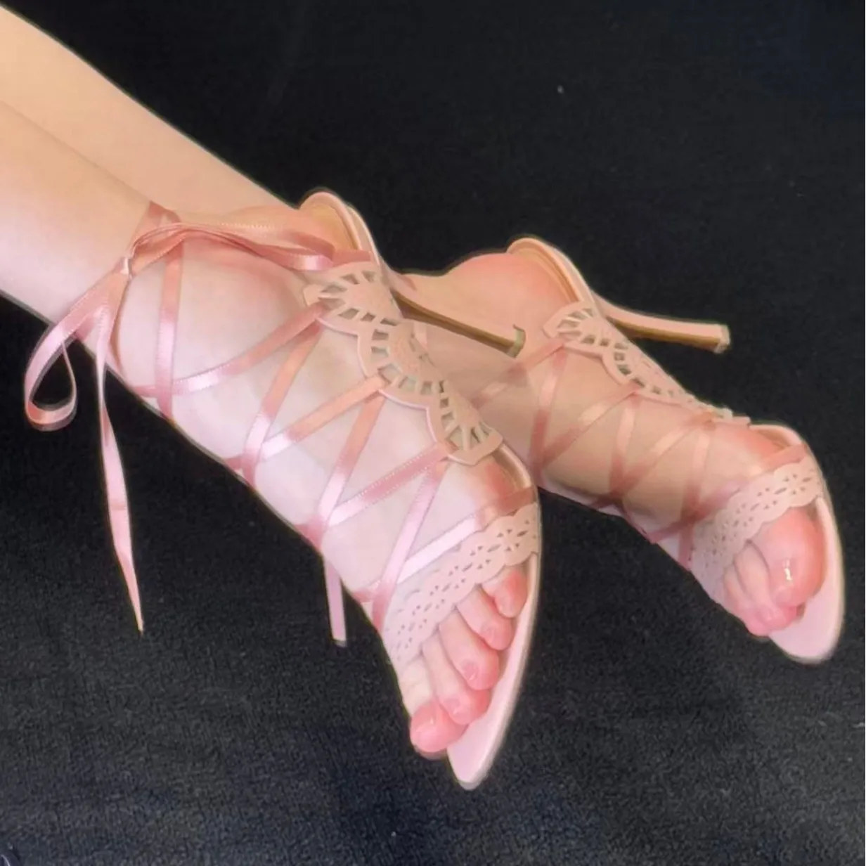 

Стильные летние женские туфли с кружевной отделкой, открытым носком, тонким каблуком и вырезами, Zapatillas Mujer