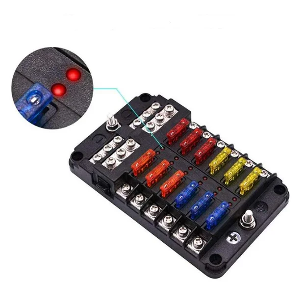 Car Boat Fuse Box Holder 6-Way 12-Way Blade Fuse Holder and Warning Indicator 12V-24V Switchboard Boards