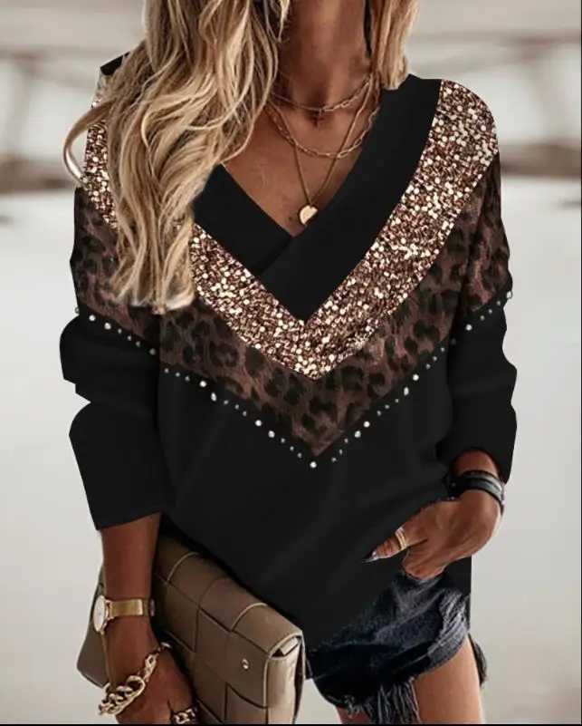 

Women's Blouses Temperament Commuting 2024 New Fashion Contrast Sequin Leopard Patch Casual V-Neck Long Sleeve T-Shirt for Women