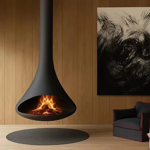 

Custom Size Indoor Hotel Home Decor Real Flame Heating Wood Burner Suspend Fireplace Roof Mounted Hanging Fireplace Supplier