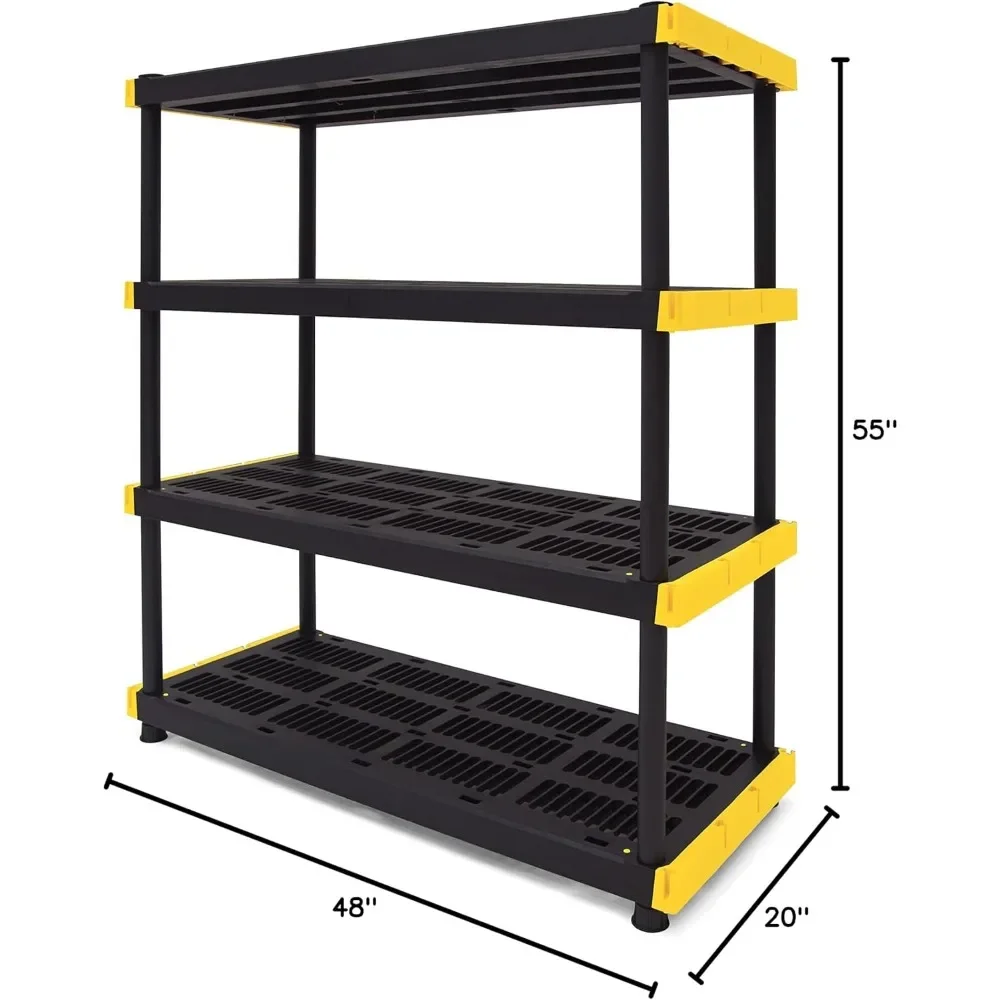 Black & Yellow®, 4-Tier Heavy Duty Plastic Storage Shelving Unit, 200lbs/shelf (55”H x 48”W x 20”D), for Indoor/Outdoor Organ