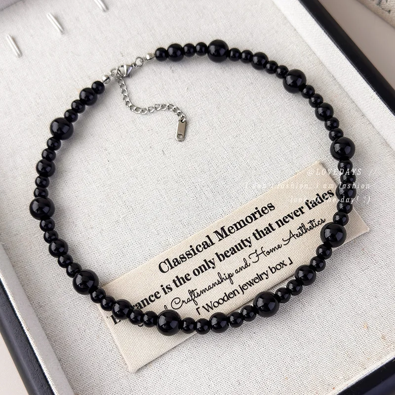 Graduated Black Beads Choker Necklace French Elegant Unique Design Cool Style Premium Lightweight Versatile for Women
