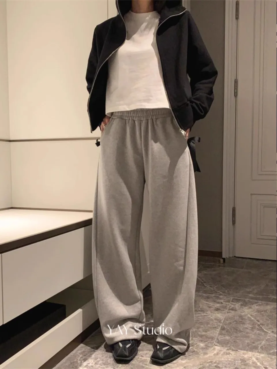 KUSAHIKI Korean Side Bow Decoration Elastic Waist Casual Pants 2024 Spring Autumn New Long Trousers Fashion Sweatpants