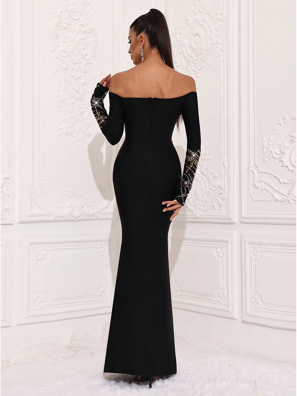 Modphy Zwarte Vrouwen Sexy Uit de Schouder Crystal Diamond Bodycon Lange Bandage Jurk Nachtclub Party Verjaardag Vieren Slijtage