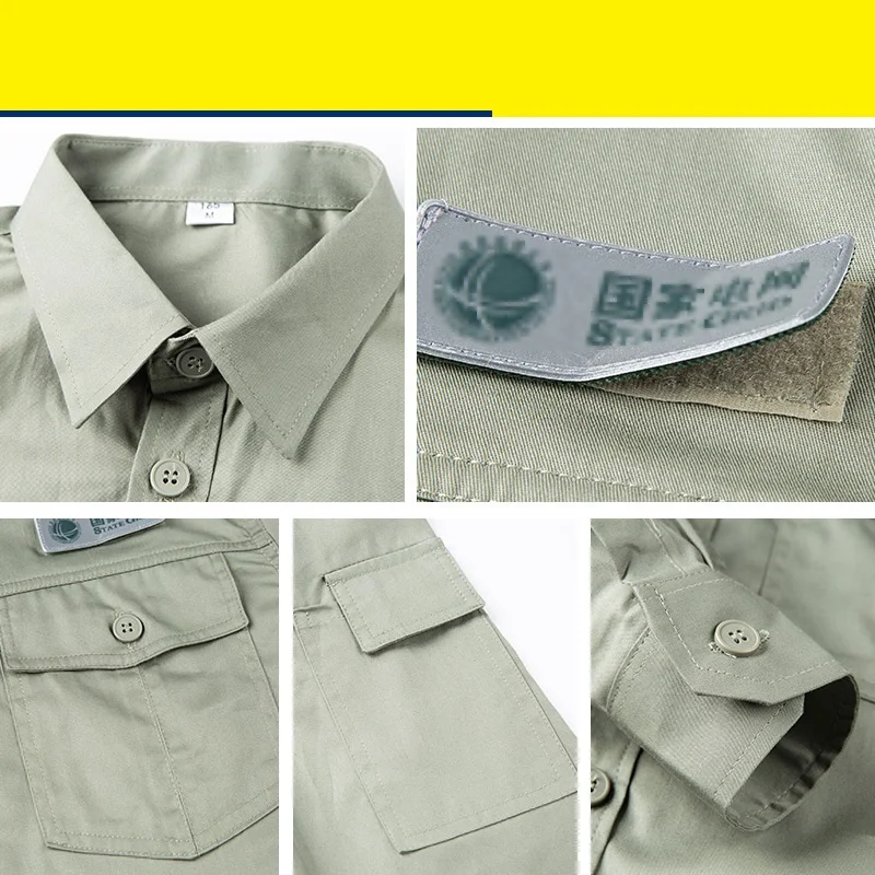 100% algodão verão roupas de trabalho mangas compridas uniformes de trabalho elétrico cor lisa verde macacão de trabalhador terno de trabalho de engenheiro