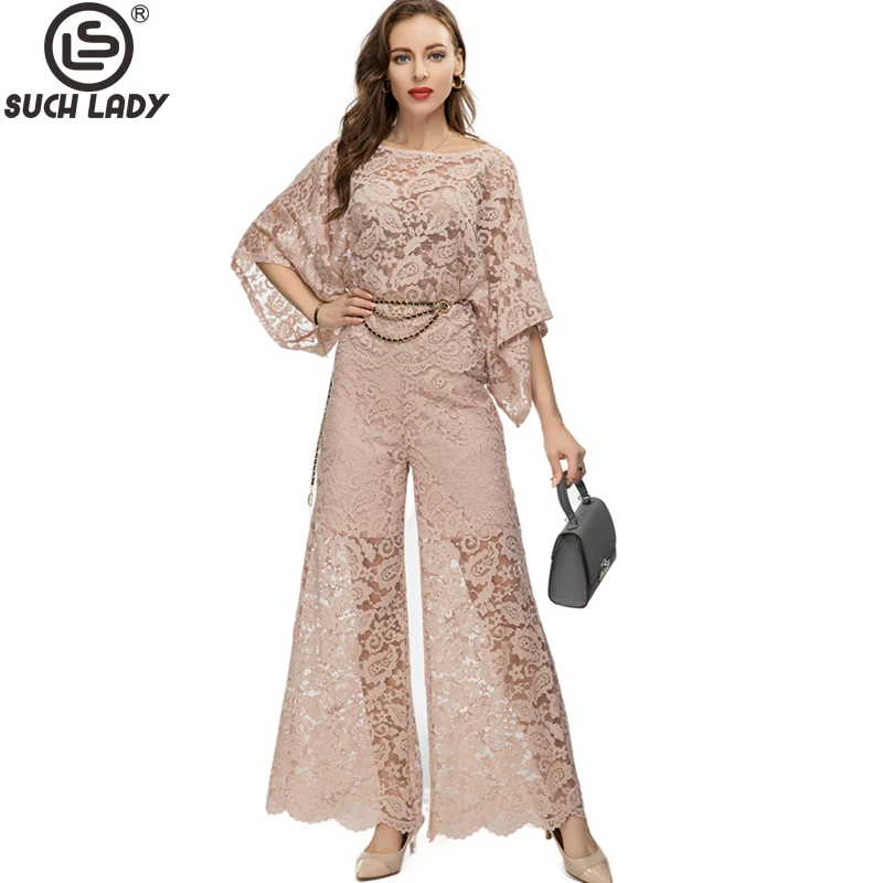 Women's Three Piece Pants Sets O Neck Bat Wing Sleeves Blouse with Wide Leg Pant Fashion Twinsets