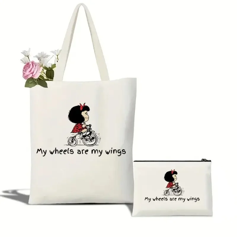 Mafalda Cute Cartoon Kawaii Tote Set-borsa a tracolla spaziosa da donna con facile accesso e pochette abbinata