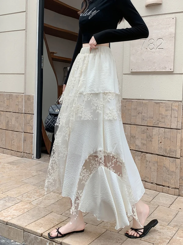

Асимметричная кружевная юбка-миди с завышенной талией для женщин, весна 2026, универсальная, для офиса, стройнящая, из полиэфирного волокна