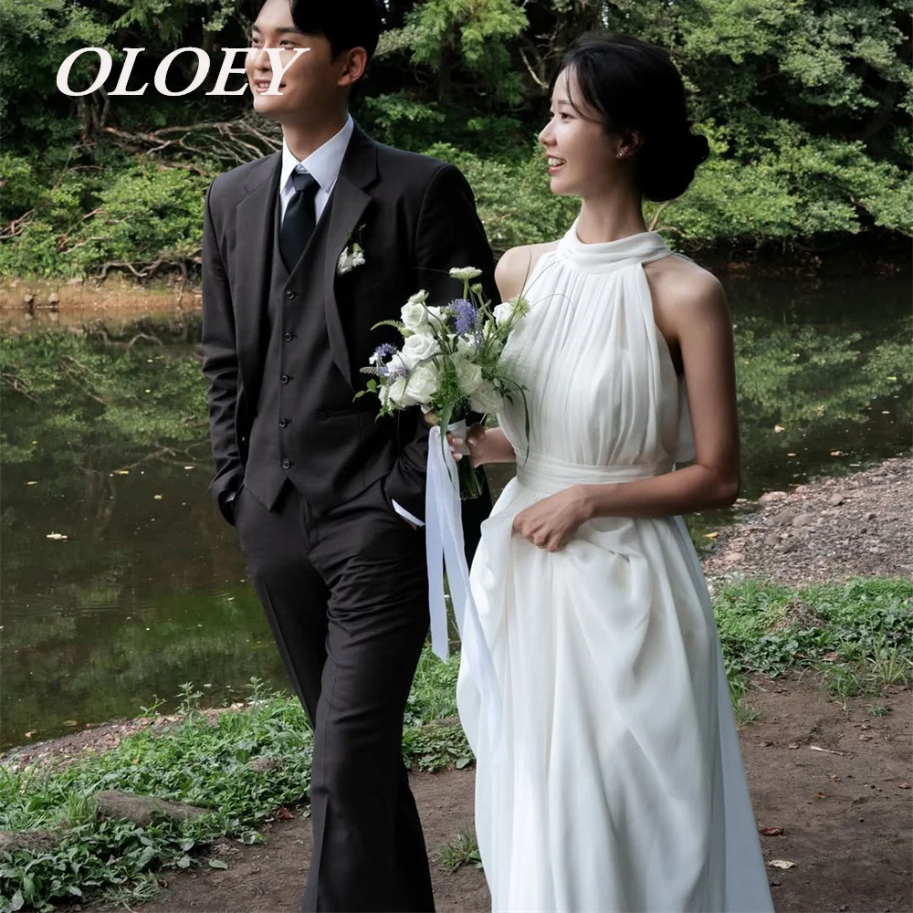 OLOEY Elegant Halter A Line Wedding Dresses Pleats Chiffon Sleeveless Bridal Gowns Korea Photos Shoot Floor Length Customized