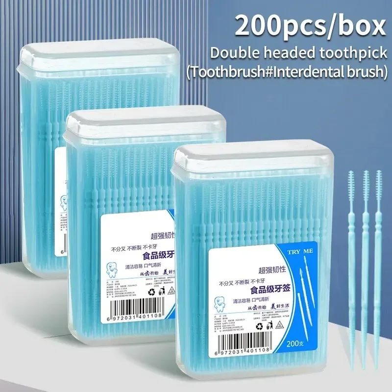 

200pcs/box Plastic Toothpicks Double-headed Disposable Interdental Brush Dental Tooth Flossing Head Oral Hygiene Clean The Mouth