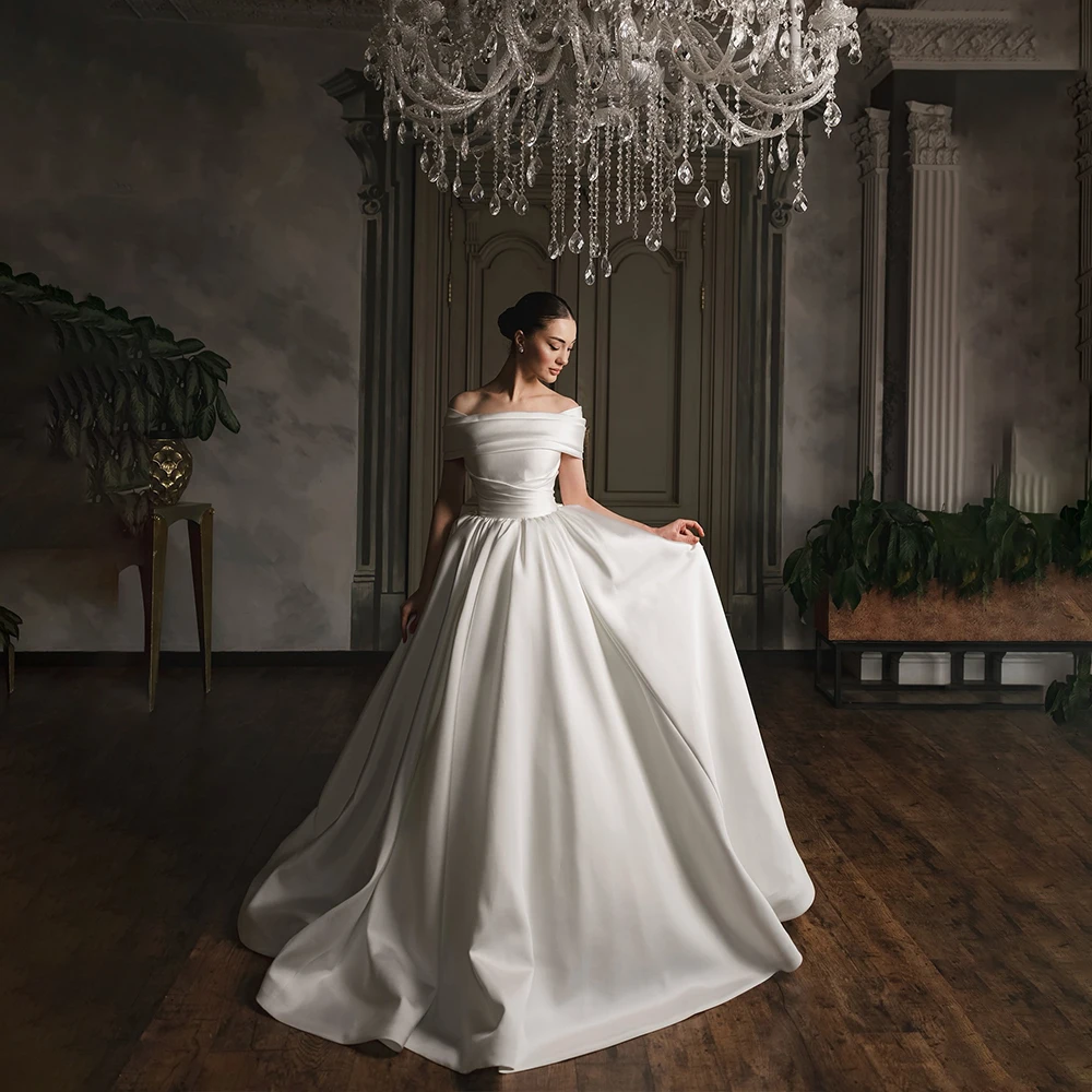 

Elegant Weddings Dresses Off Shoulder Sleeveless A-Line Brides Dress Pleat Draped White Bridal Gown Customized robe de mariée