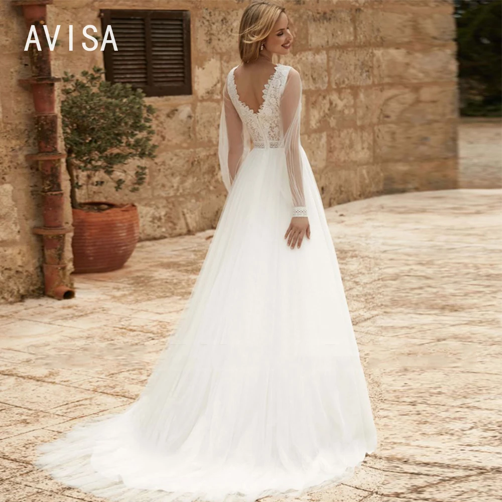 Semplice abito da sposa con scollo a v a-line Tulle pizzo Applique principessa abiti da sposa manica lunga cerniera senza schienale vestido de noiva