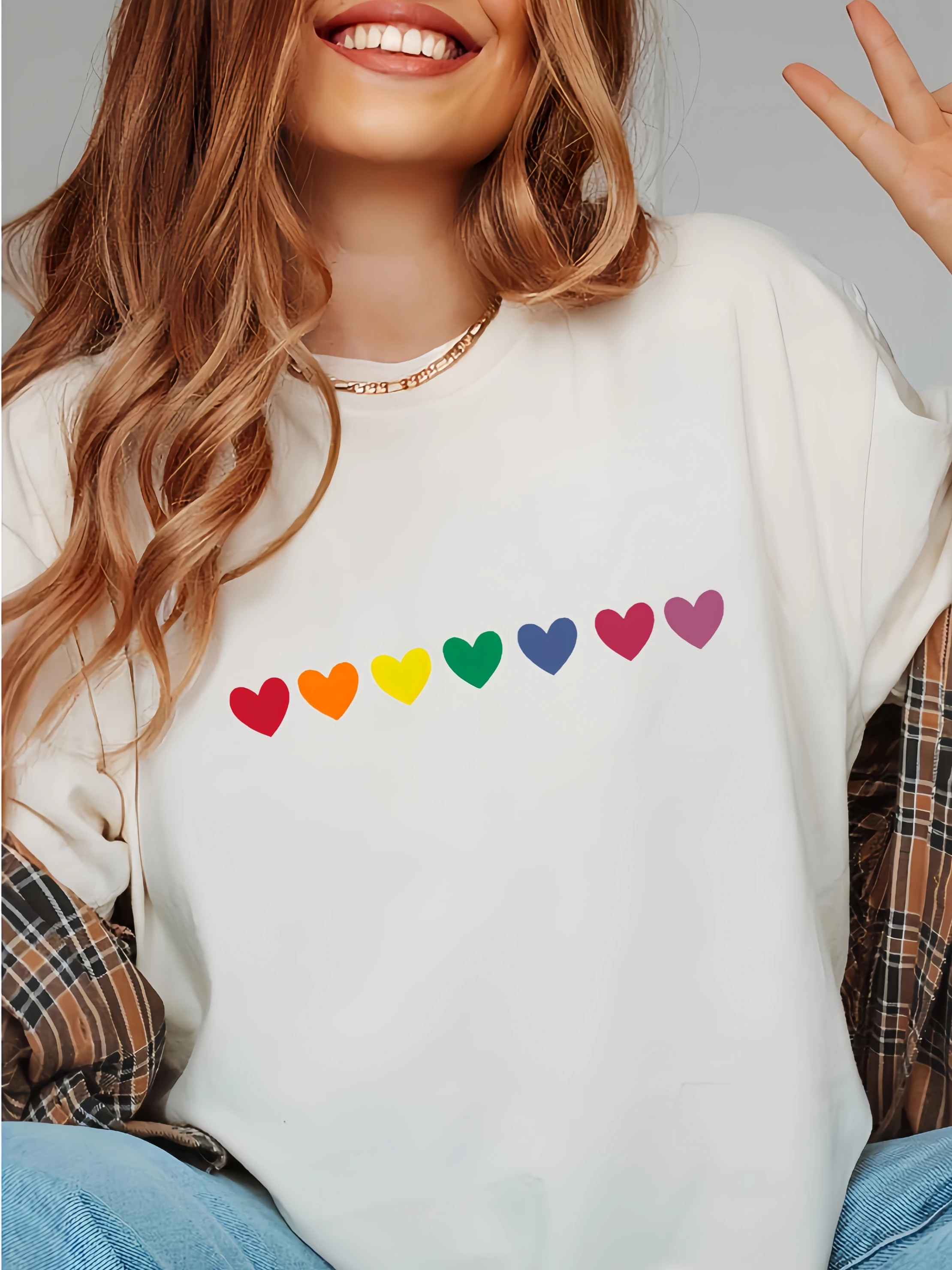 Colorful Hearts Graphic Print Sweatshirt Women Stylish Minimalism Crewneck Pullover Preppy Style Spring