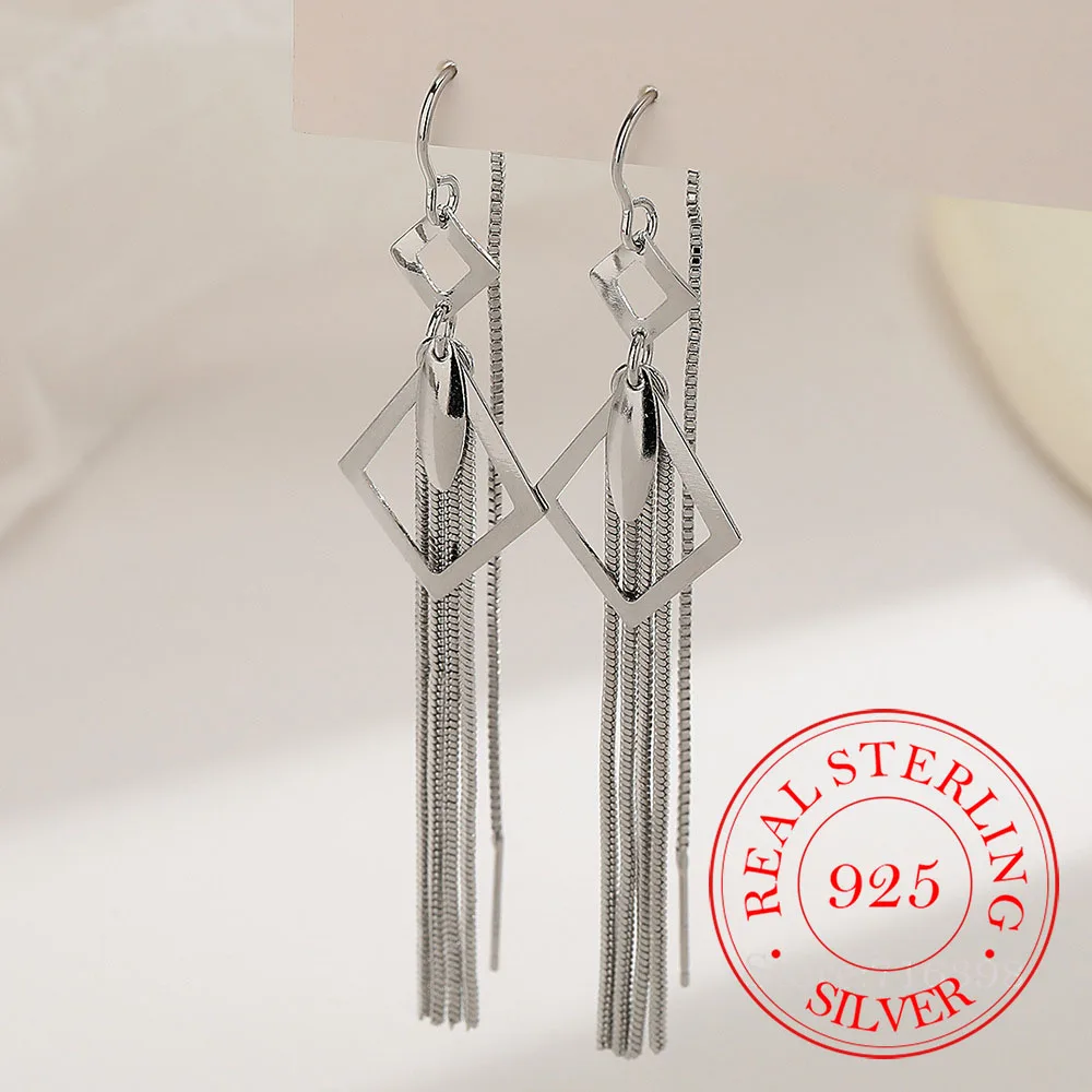925 Sterling Silver Long Tassel Rhombic Ear Line Leaf Drop Earrings for Women Piercing Jewelry Women's Party Wedding Pendiente