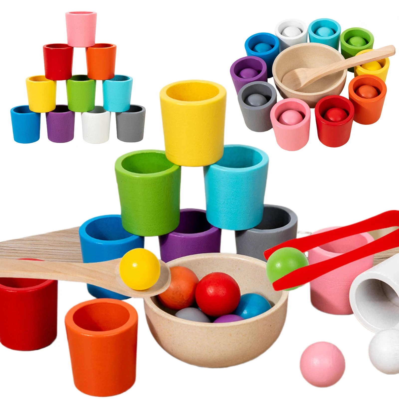 Rainbow Balls in Cups Wooden Matching Games Learning Color Sorting and Counting Activities Balls Montessori Toys for Toddlers