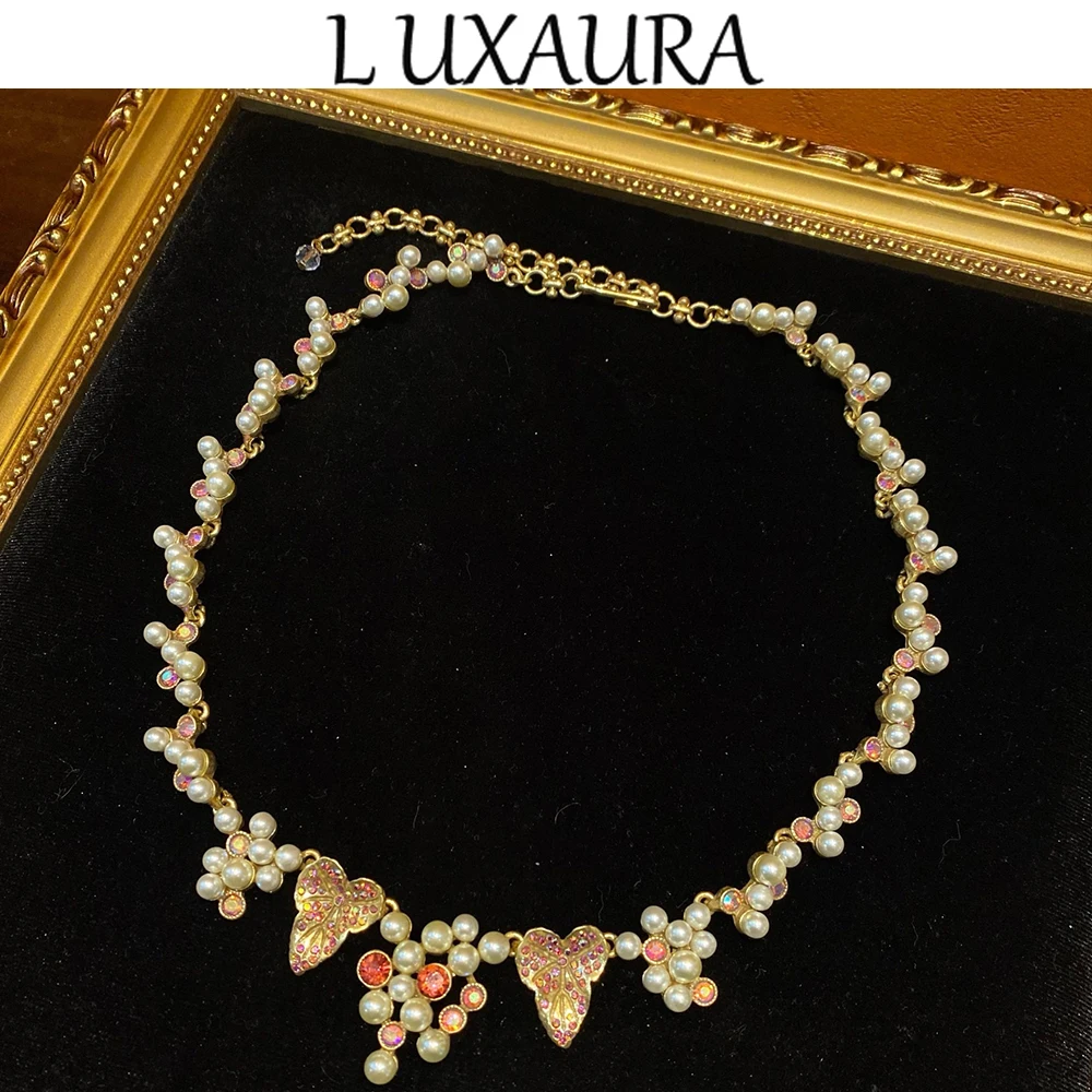 

Vintage fashion classic copper plated 18K Leaf design with glazed pearl style paired with bohemian women's jewelry necklace