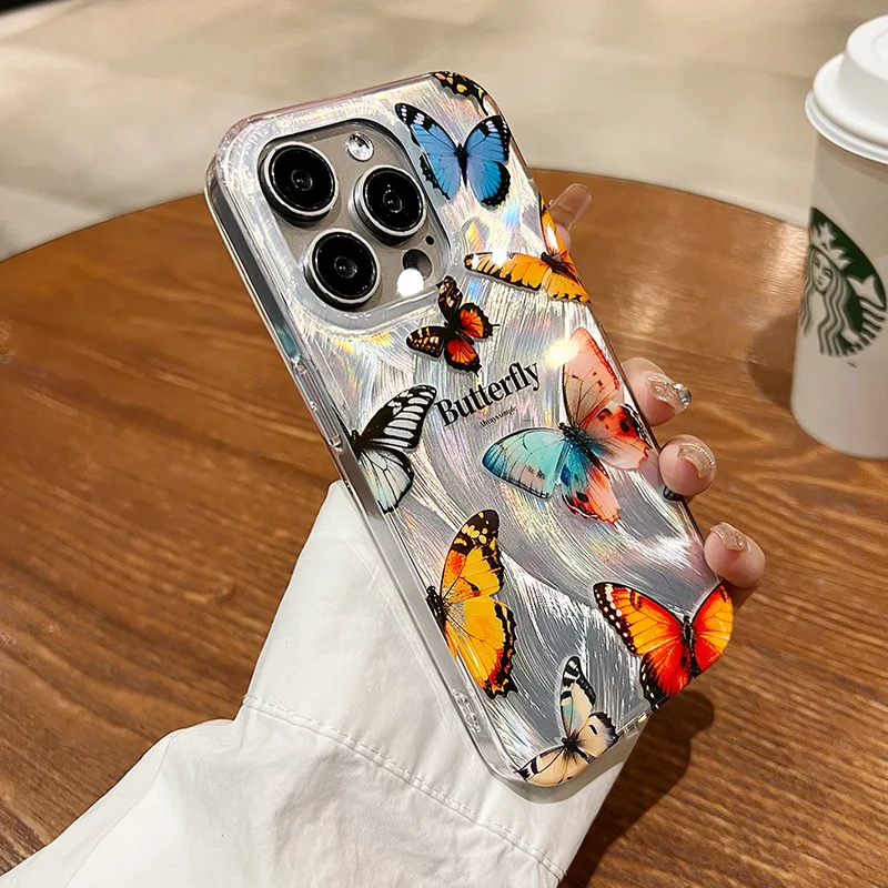 Luxuriöse Handyhülle mit Schmetterlingsmotiv in Silber-Verlauf für iPhone 16 15 14 13 12 11 Pro Max X XR 7 8 Plus mit Schmuck-Lanyard-Abdeckung – Detail 2