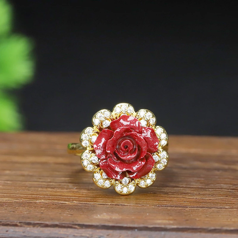 

High Content Cinnabar Rose Ring Purple Gold Sand Inlaid Women's Light Luxury Ring Jewelry & Accessories Fashion Jewelry