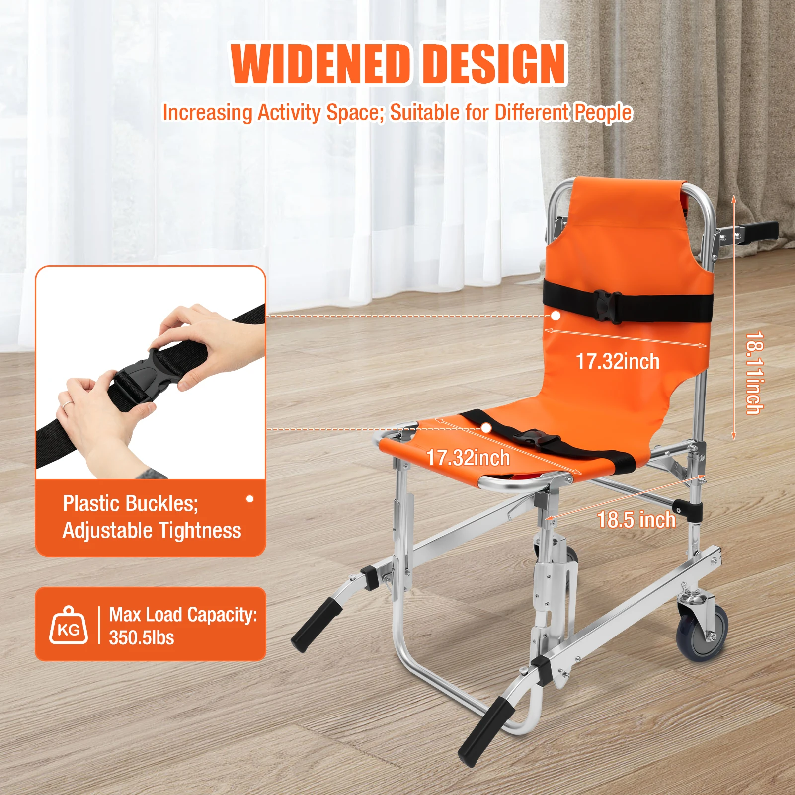 Bymaocar Foldable Two Wheeled Stair Chair Without Brakes, Orange Portable Aluminum Elderly and Patient Care Chair with Handles