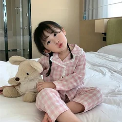 Girl's Turndown Collar Pink Plaid Pajama Sets Cute Kid Vintage Toddler Kid‘s Pyjamas Set Sleep Loungewear Children’s Clothing