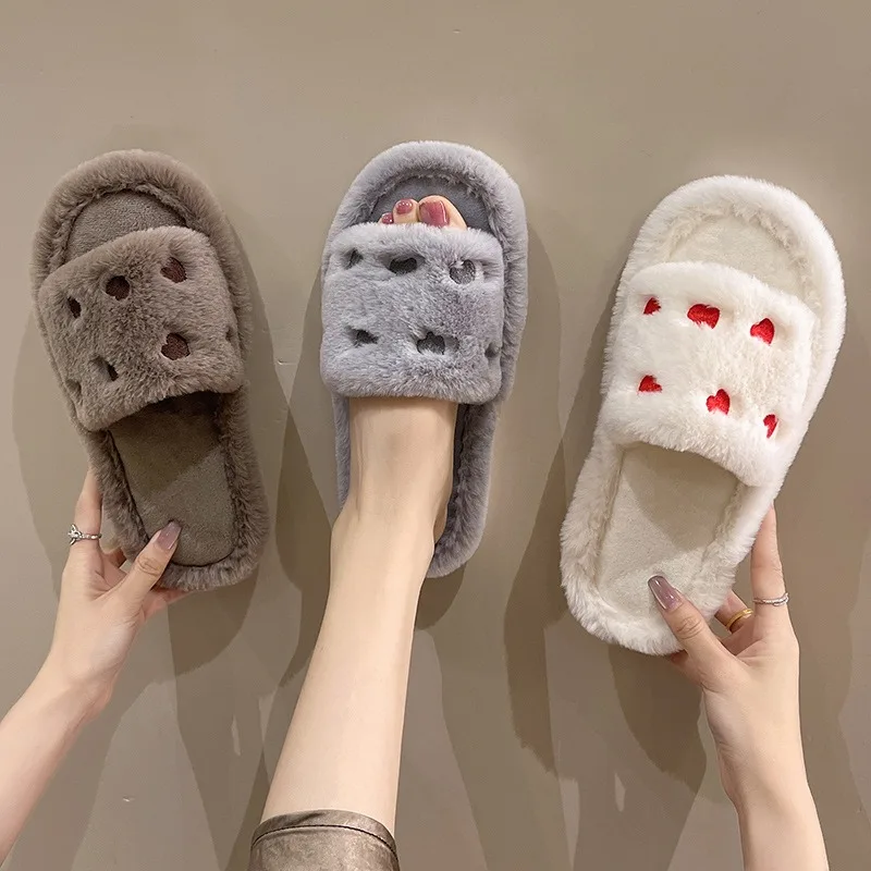 

Casual Fluffy Slippers Women House Flat Fashion Popular Love Designer Shoes Ladies Home New Winter Trend Elegant Footwear Indoor