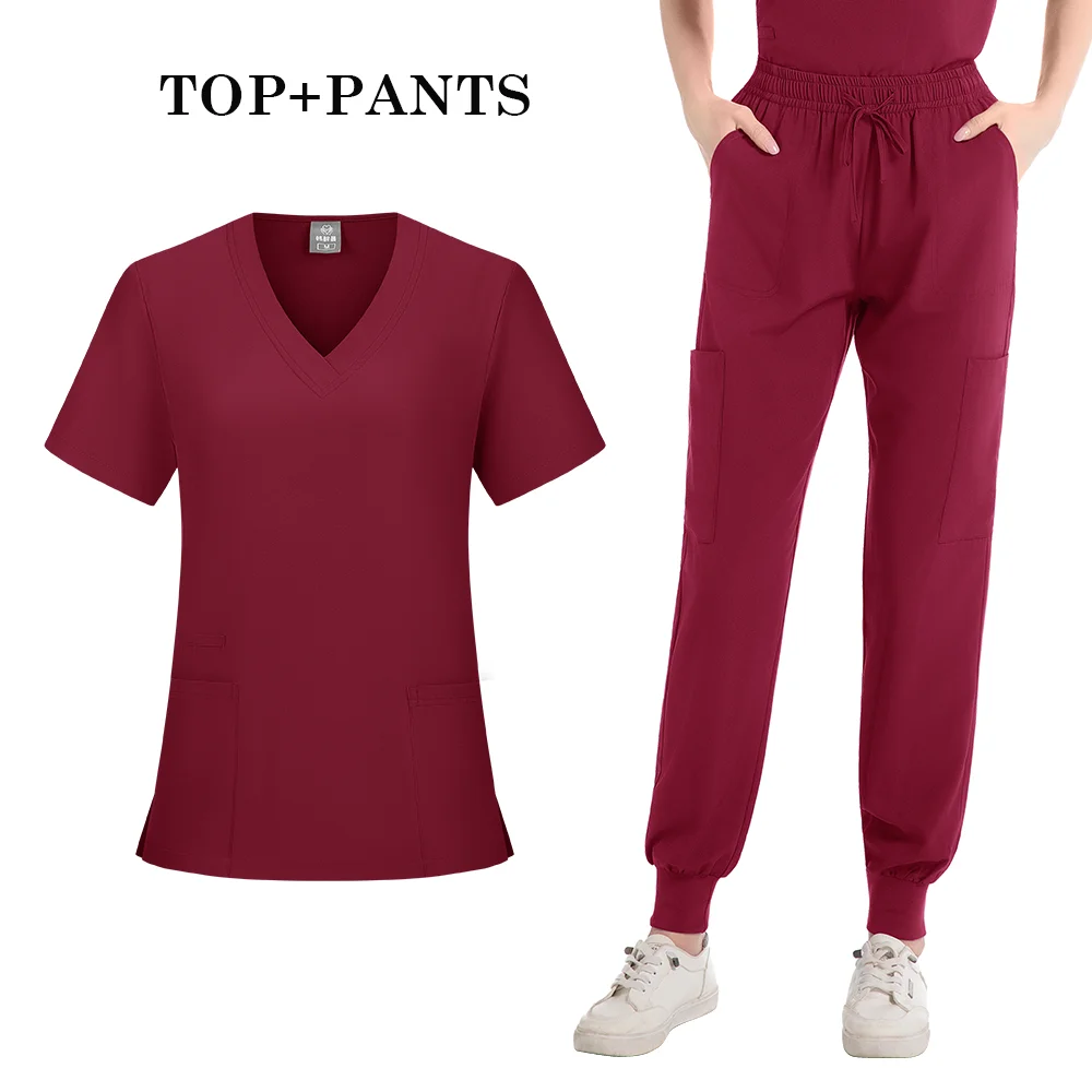 ジョガースーツ女性のナーススクラブセット医療臨床服ドクター看護制服半袖 V ネックトップスポケットパンツ
