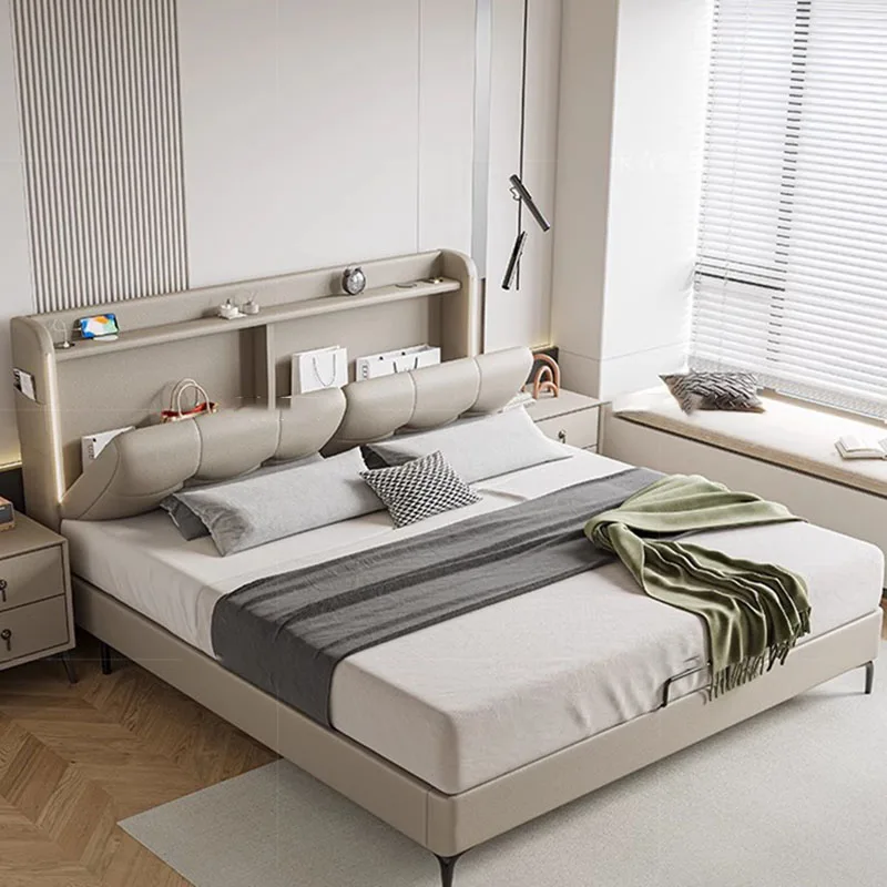 

Storage Shelves Double Bed Glamorous Leather Platform Modern Bed Frame Wood Design Sleeping Letto Matrimoniale Nordic Furniture