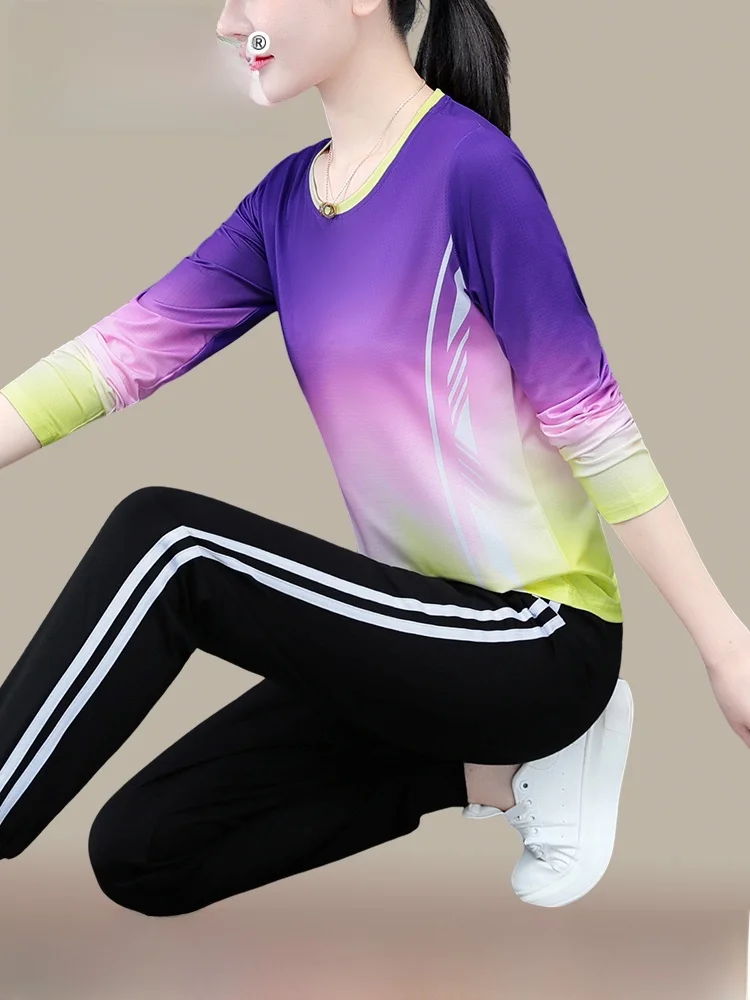 

Спортивный комплект Qui Dry, женский весенне-осенний новый модный комплект из двух предметов для бега для мам среднего возраста, повседневный, удобный, дышащий