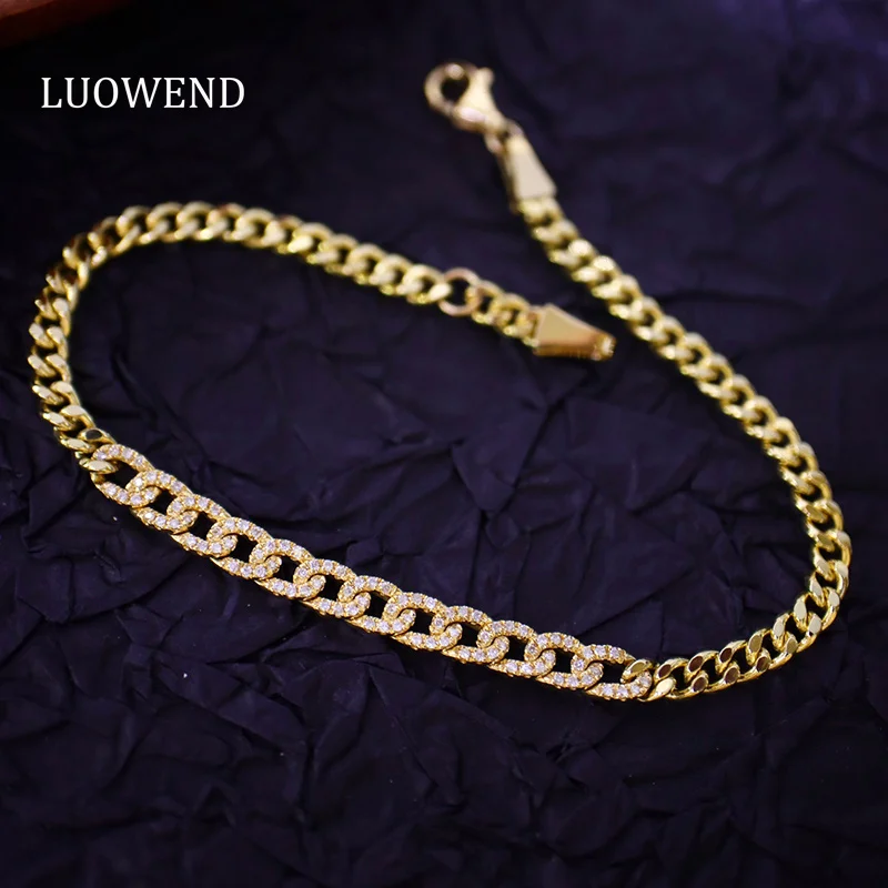 LUOWEND 100% 18K Yellow Gold Bracelet Fashion Chain Design INS Style Real Natural Diamond Bracelet for Women High Party Jewelry