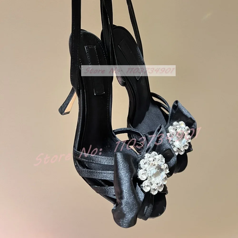 Crystals Pink Satin Caged Sandals Women Butterfly-knot Peep Toe Ankle Strap Leather High Heels Shoes Lady Classy Trendy Sandals