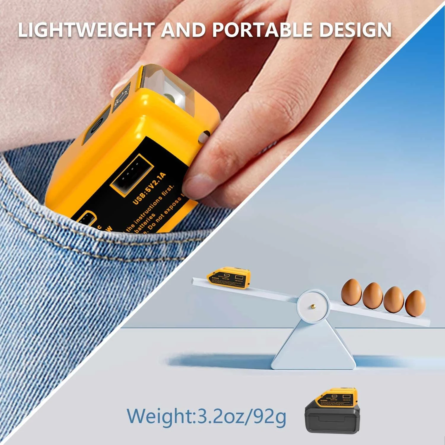 Portable Power Source With DC/USB/Type-C Ports & LED Light Replacement for Dewalt Battery Adapter for Work RV Camping Travel