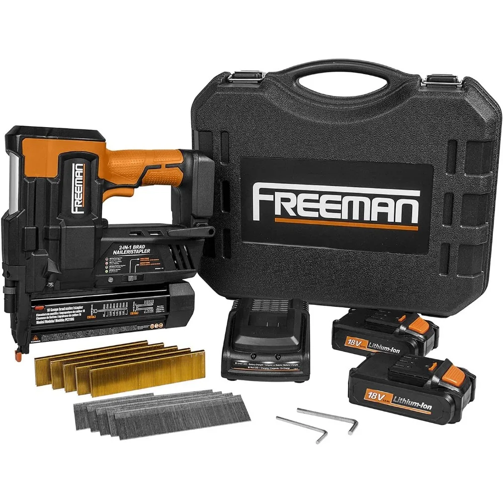 

PE2118G 18 Volt Cordless 2-in-1 18-Gauge 2" Nailer / Stapler Kit with Lithium-Ion Batteries, Charger, Case, and Fasteners (1000