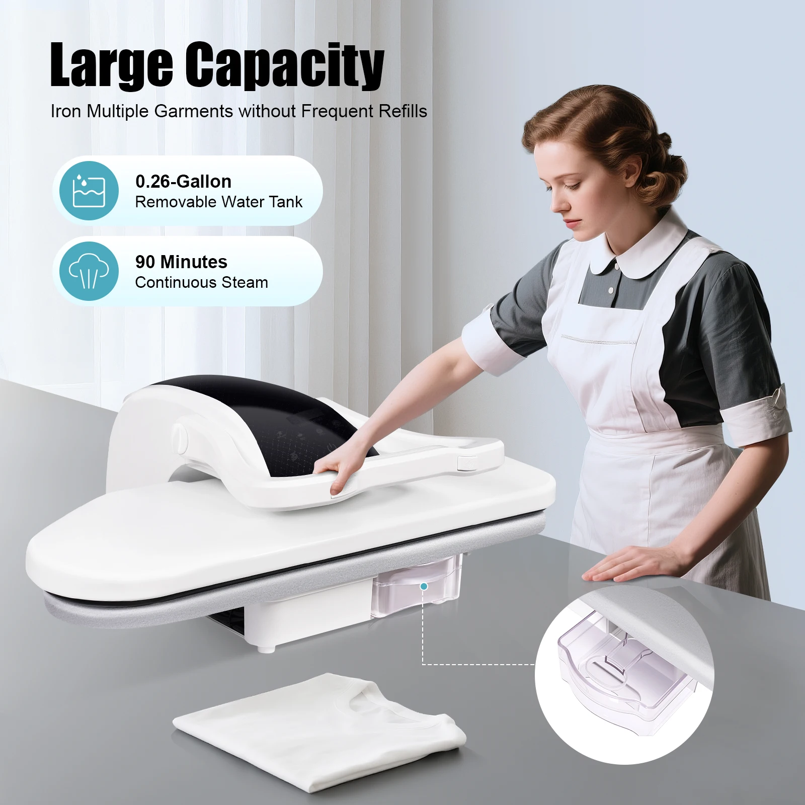 Intelligent Steam Press – 1600W – 0.26 Lbs/Min Steam – 35.8" Ironing Area – 5 Fabric Modes – Ai Voice – Touch Screen – 0.26Gal Water Tank – 90Min Continuous Steam – Overheat Protection – 110V – White
