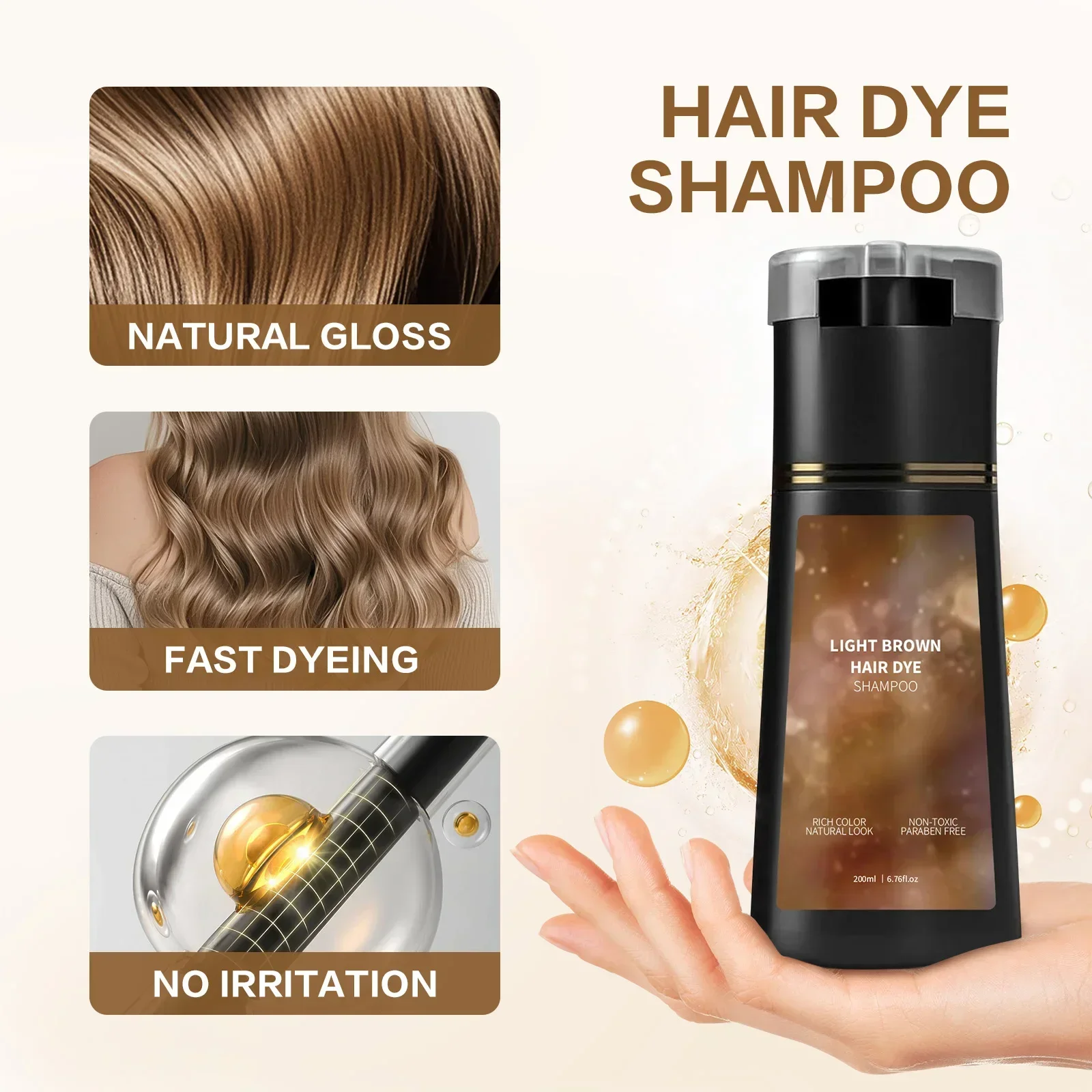 

200ml Color Shampoo. For lasting, quick color & soft hair. Gentle formula with oil control. In Light Brown, Dark Brown and Black