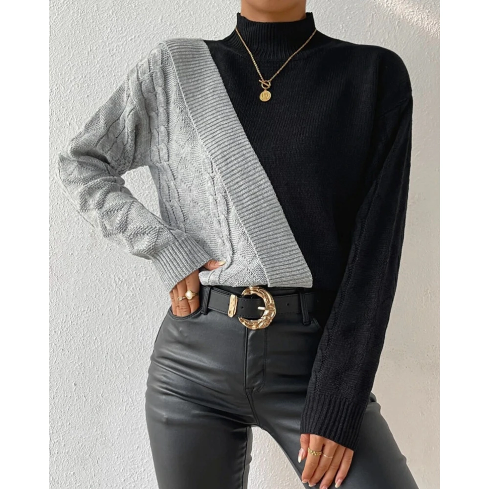 Autumn O Neck Colorblock Frill Knitted Sweater Women Fashion Long Sleeve Skinny Top Casual Outwear Korean Style