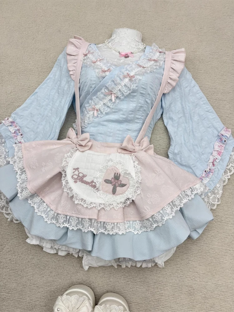 

Летний японский сладкий женский комплект в стиле Лолиты, комплект из 2 предметов Y2k, кружевные лоскутные дизайнерские топы + тонкая юбка с рюшами, женские новые модные наряды