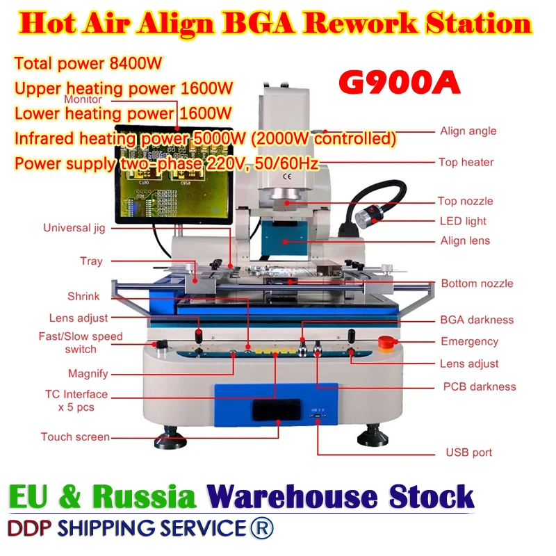 O ar quente alinha a estação de retrabalho BGA, G900A, 3 zonas máximas, 61x48cm para chipsets grandes, motherboards com tipo do tubo, pré-aquecimento 8400W, 220V