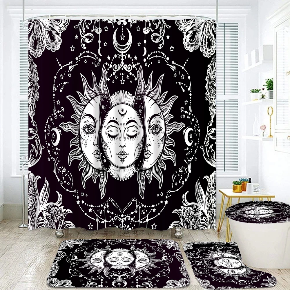 Psychedelic Sun Moon and Sun God Bohemia Shower Curtain Set Waterproof Bathroom Curtain Toilet Cover Bath Non-Slip Mat Rug Decor