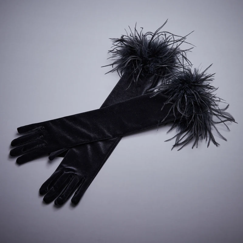 Women\'s Elegant Ostrich Feather Patchwork Long Velvet Glove Female Spring Summer Vintage Sunscreen Driving Photograph Glove R551