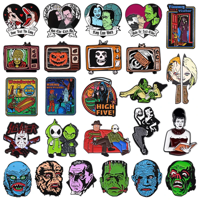 Halloween Horror Movie Collection Enamel Pin Thrilling Mask Film Figure Brooches Lapel Badge Punk Jewelry Gifts For Kids Friends