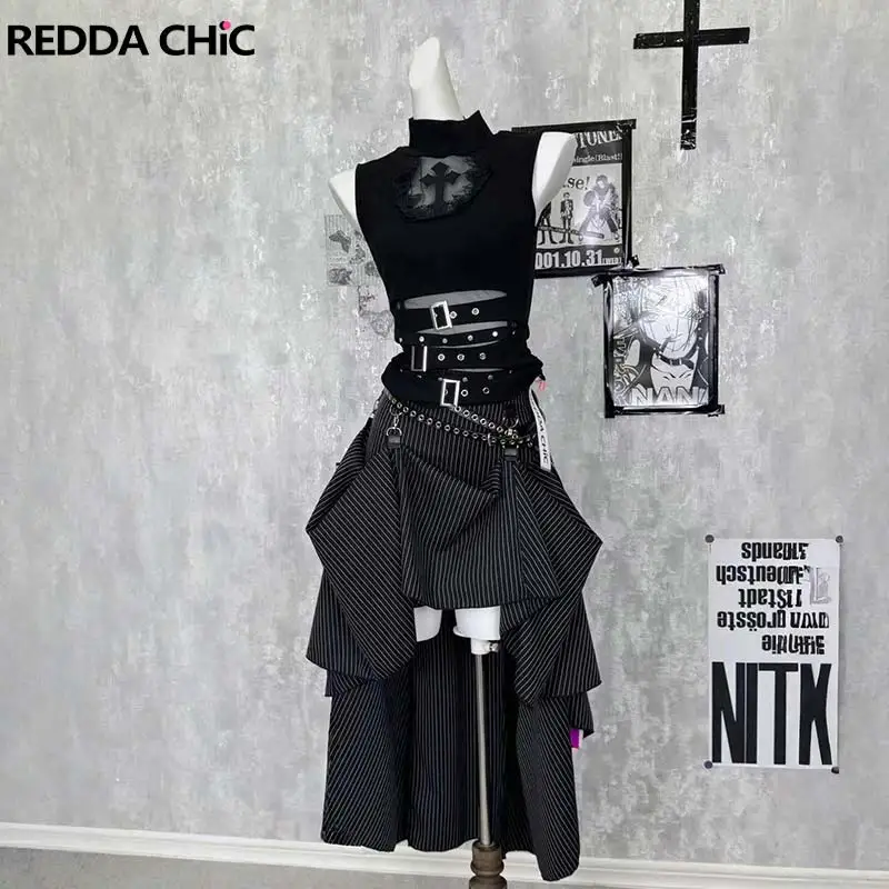 ReddaChic Cut-out Belted Top Stripe Skirt Women Set Grunge High-Low Bustle Skirt Sleeveless Tank Top Punk Music Festival Outfits