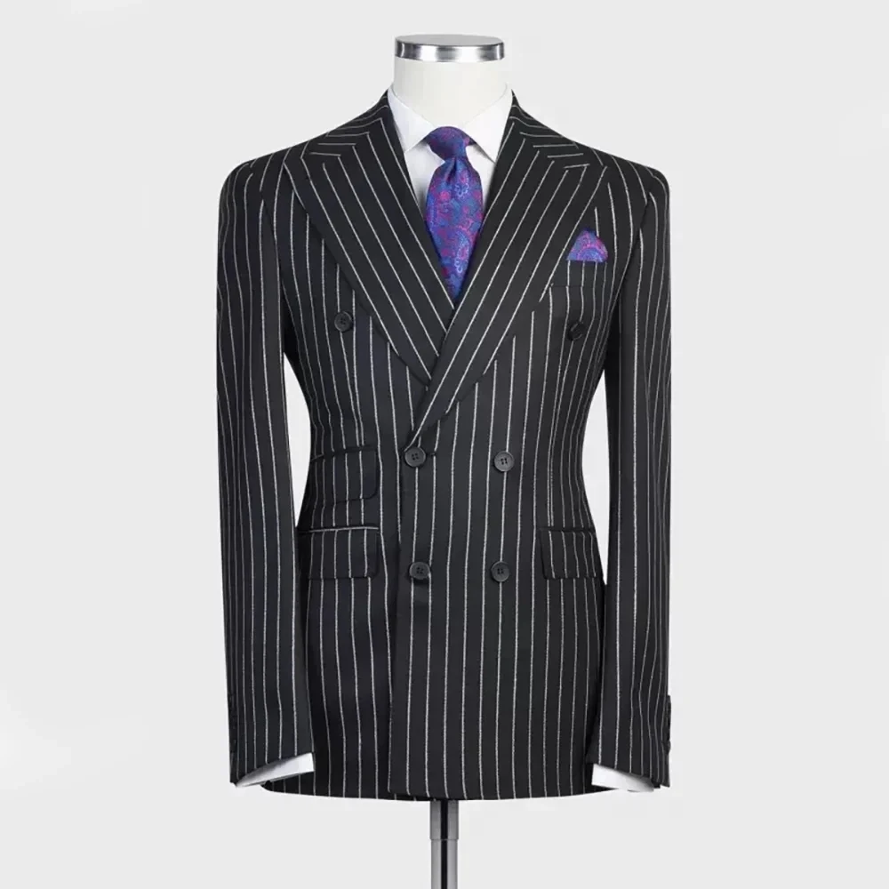 

Handsome Business Black Striped Double Breasted Blazer Wedding Groom Suit Peaked Lapel Tuxedo For Men Wedding Suits Prom Jacket