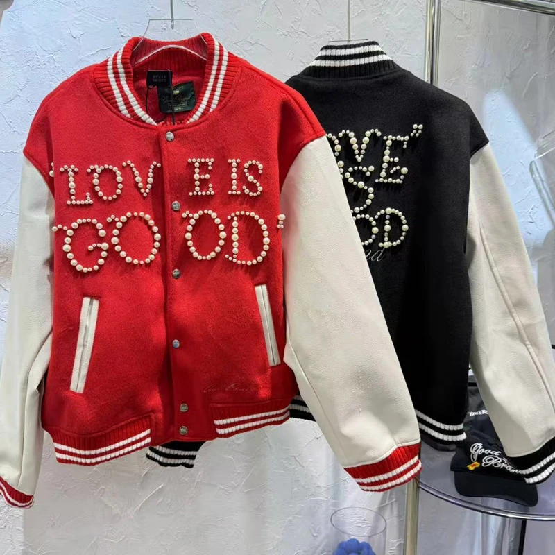 Streetwear Classic GOODBRAND Baseball Jacket Splicing Fashion Slogan Heavy Fabric Pearl Exquisite Cardigan Jacket