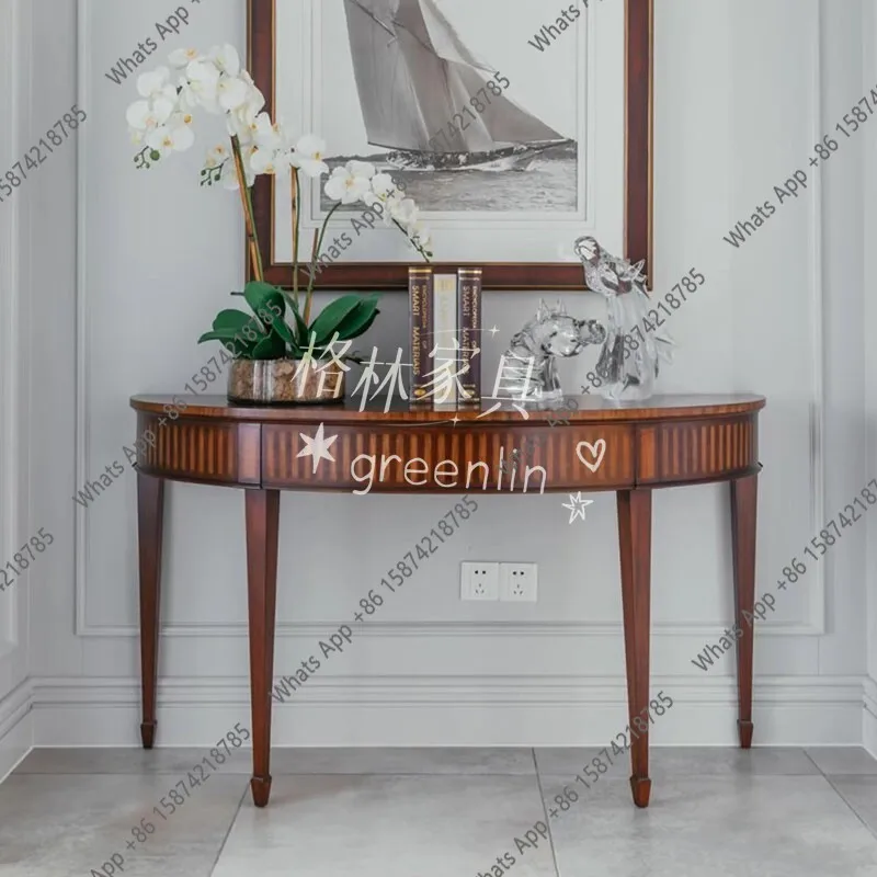 American medieval walnut color entrance table neoclassical semi-circular end view platform corridor entrance table