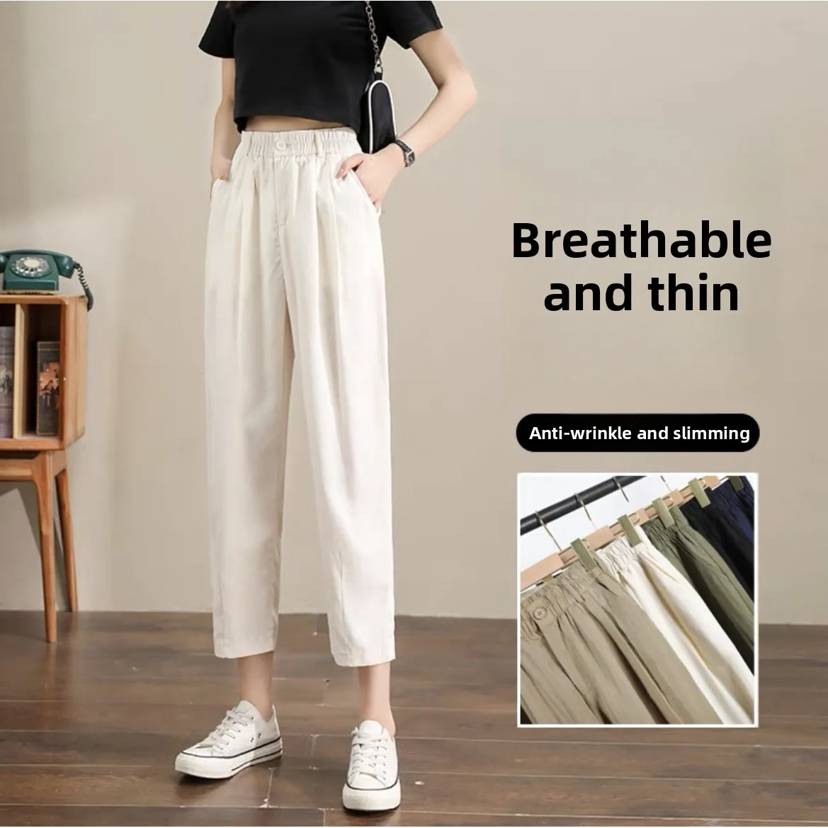 Plones Casus Blancos Finos de Verano Estilo Informal para Mujer, Cintura Alta, Fibra de Poliéster, Estilo Harlan, Disi...